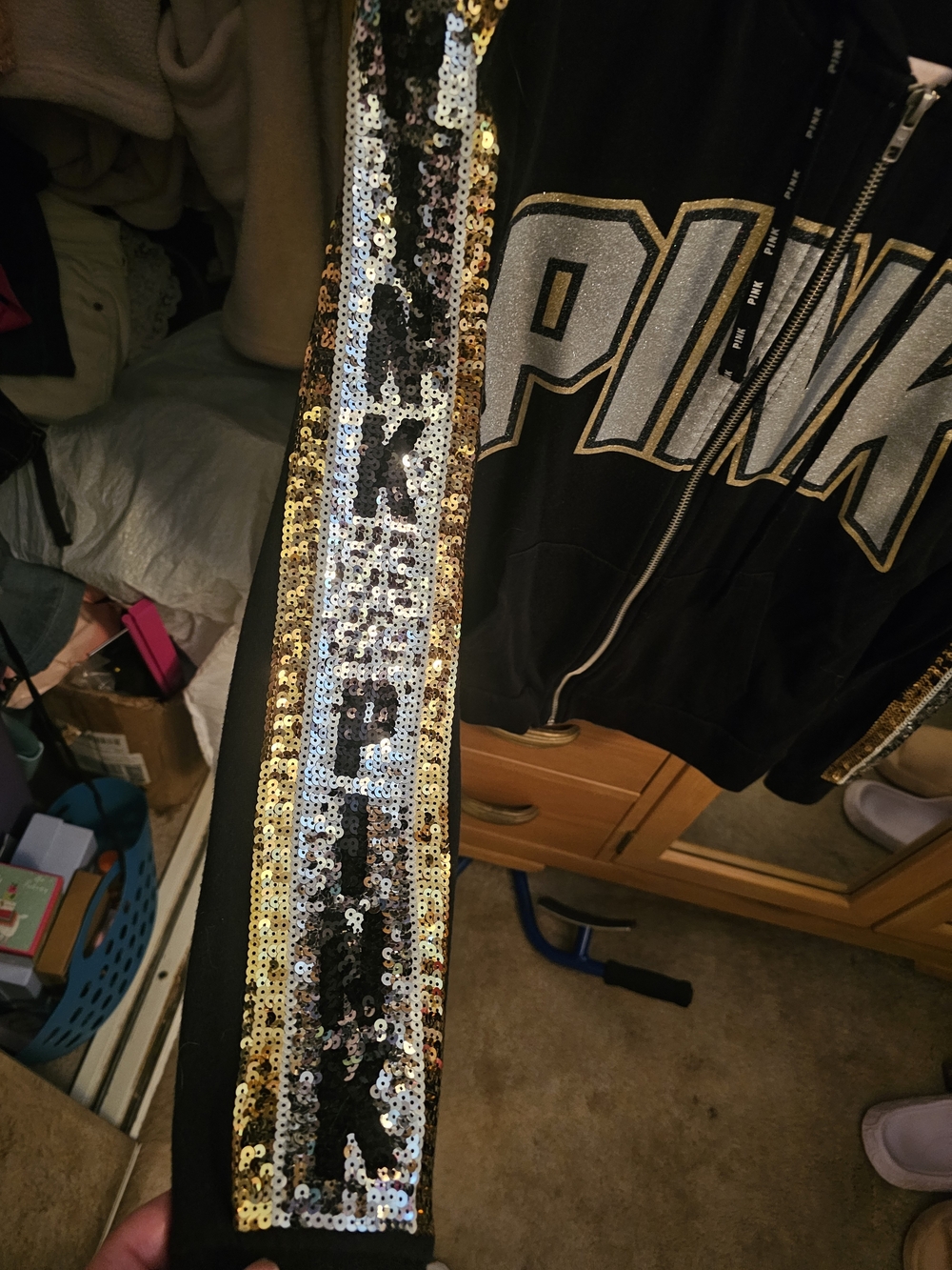 PINK Victoria's Secret Black Hoodie And Pants with Gold & Silver Sequin Trim - Picture 3 of 7